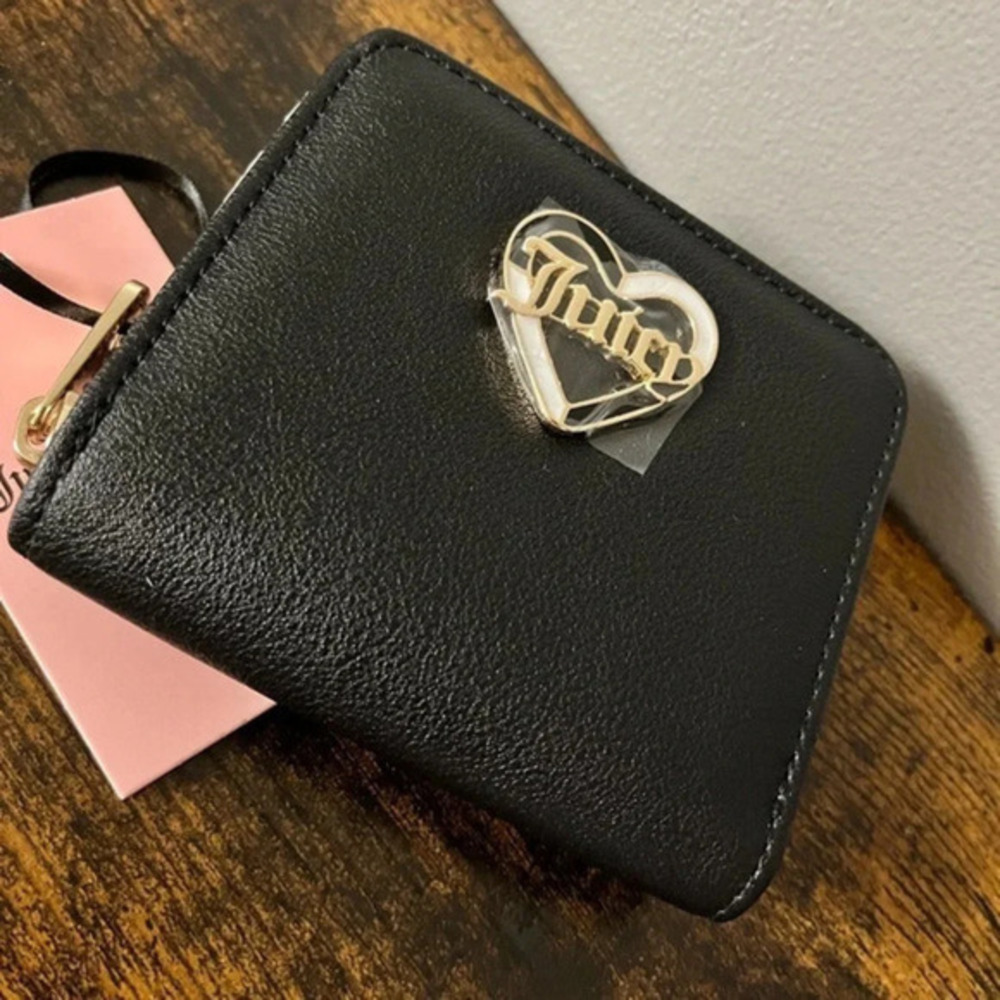 Juicy Couture Black Faux Leather Wallet Gold Logo Foldover Style NWT